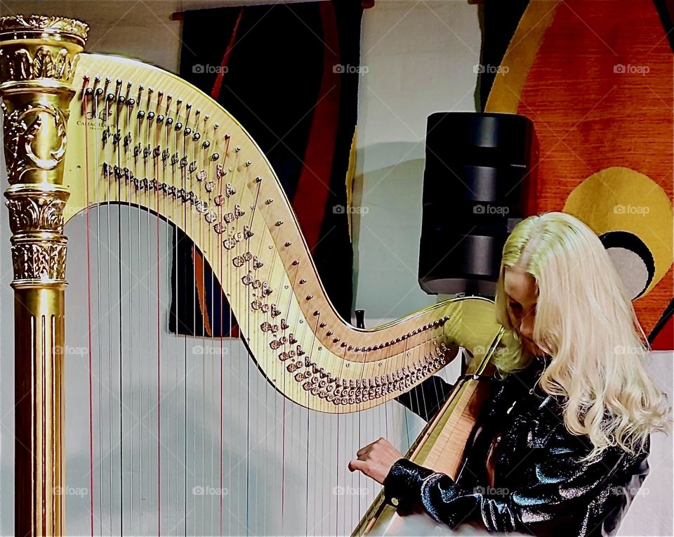 This lovely lady is expertly tuning the large golden harp that is taller even than herself to get it ready for a concert. 2023. Hypnotic Productions