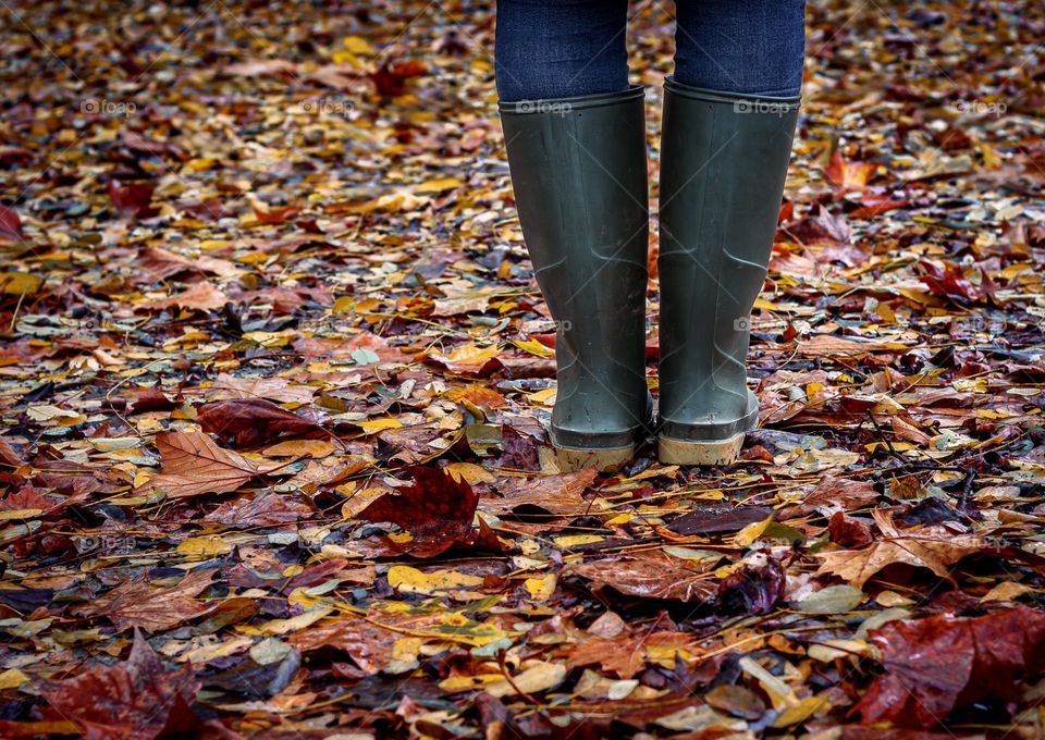 A person a wellington boots standing on fallen autumnal leaves