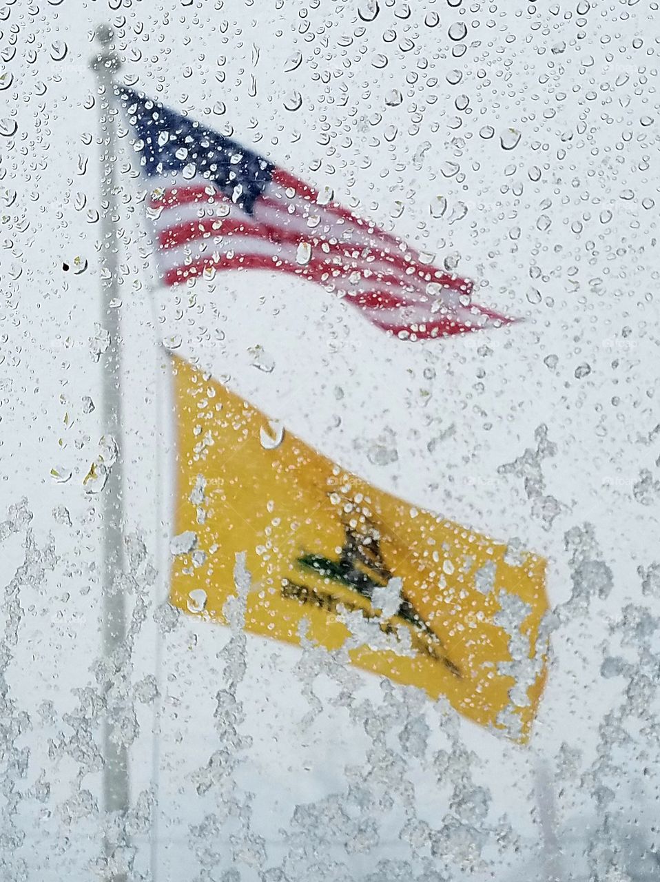 Two American flags on a flagpole blowing during a fierce winter storm, rain & snow coming down hard. The second flag is a Gadsden Flag which is yellow saying Dont Tread On Me!
