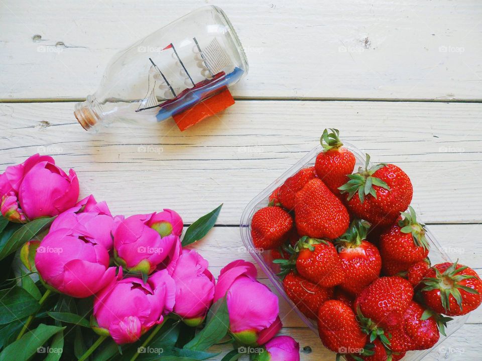 peonies and strawberries