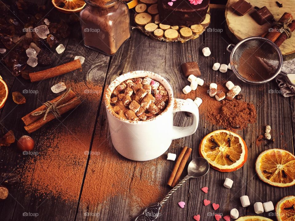 Mug cocoa with marshmallows, top view 