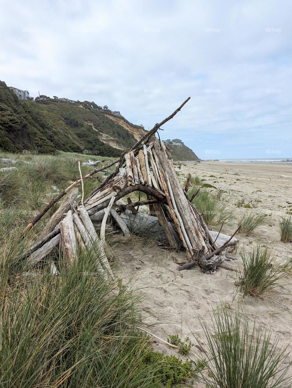 beach stick shelter home on the ocean in the sand covered tree log tent camp