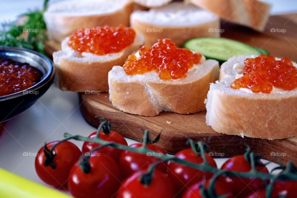 Baguette sandwiches with salmon roe