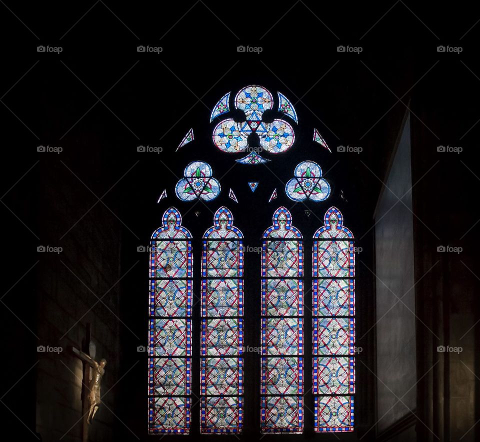 Stained glass window in Paris. glass, window, stained, church, light, religion, mosaic, colorful, art, illustration, vector, design, style, decorative, background, color, interior, pattern, abstract, catholic, ornament, texture, cross, symbol