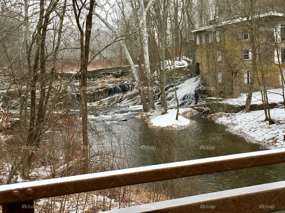 Water running through the Mill house in the winter.