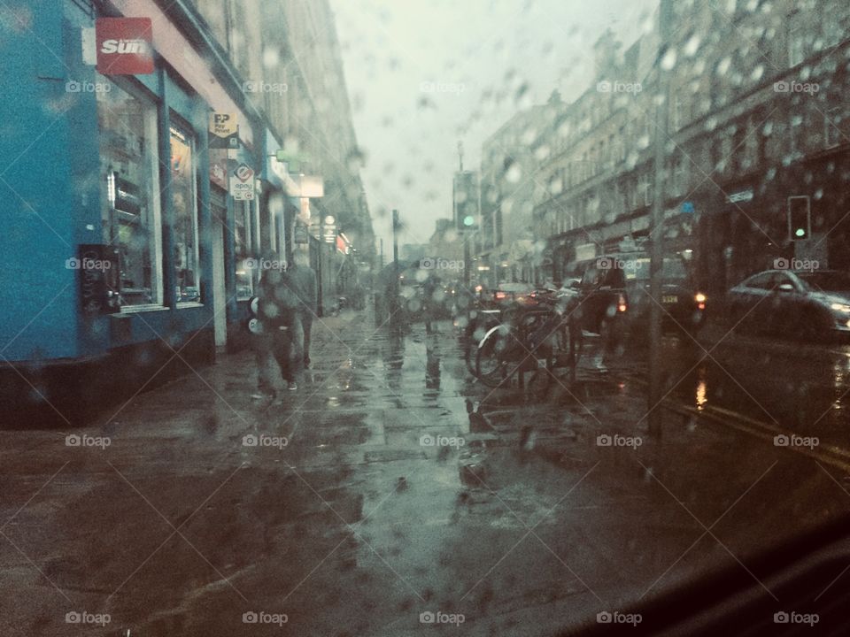 Rainy day in Scotland, rain drops, city photo, rainy street, car window 