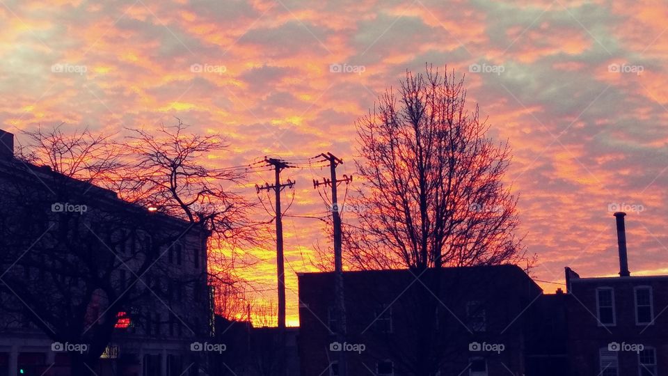 Early morning sky in the downtown river district in Rockford,IL.