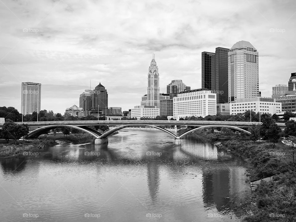 Black and white view of part of downtown Columbus Ohio and Scioto River