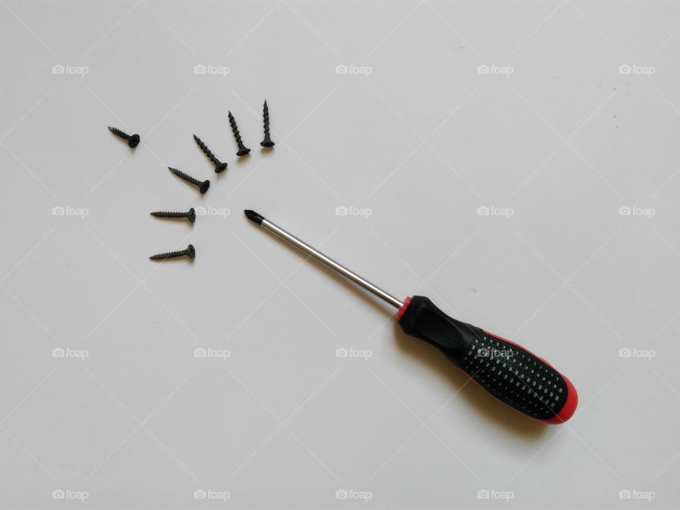 one screwdriver and screws on a white background