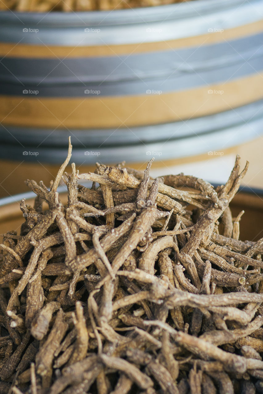 Chinese traditional herbs roots on the outdoor market 