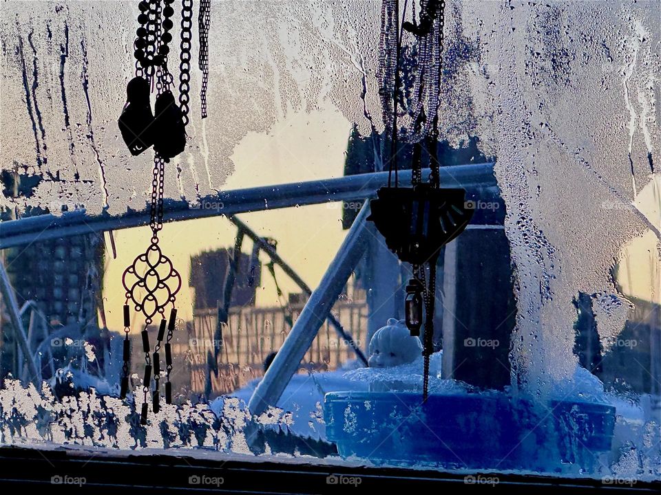 This is the view from aboard „Salvation“, the „28 foot 1969 Luhrs“ cabin cruiser at „Newtown Creek“ by the „Pulaski Bridge“ in LIC, Queens that I and my partner for many years, „Timothy Trespas“ call home. 2024. Hypnotic Productions