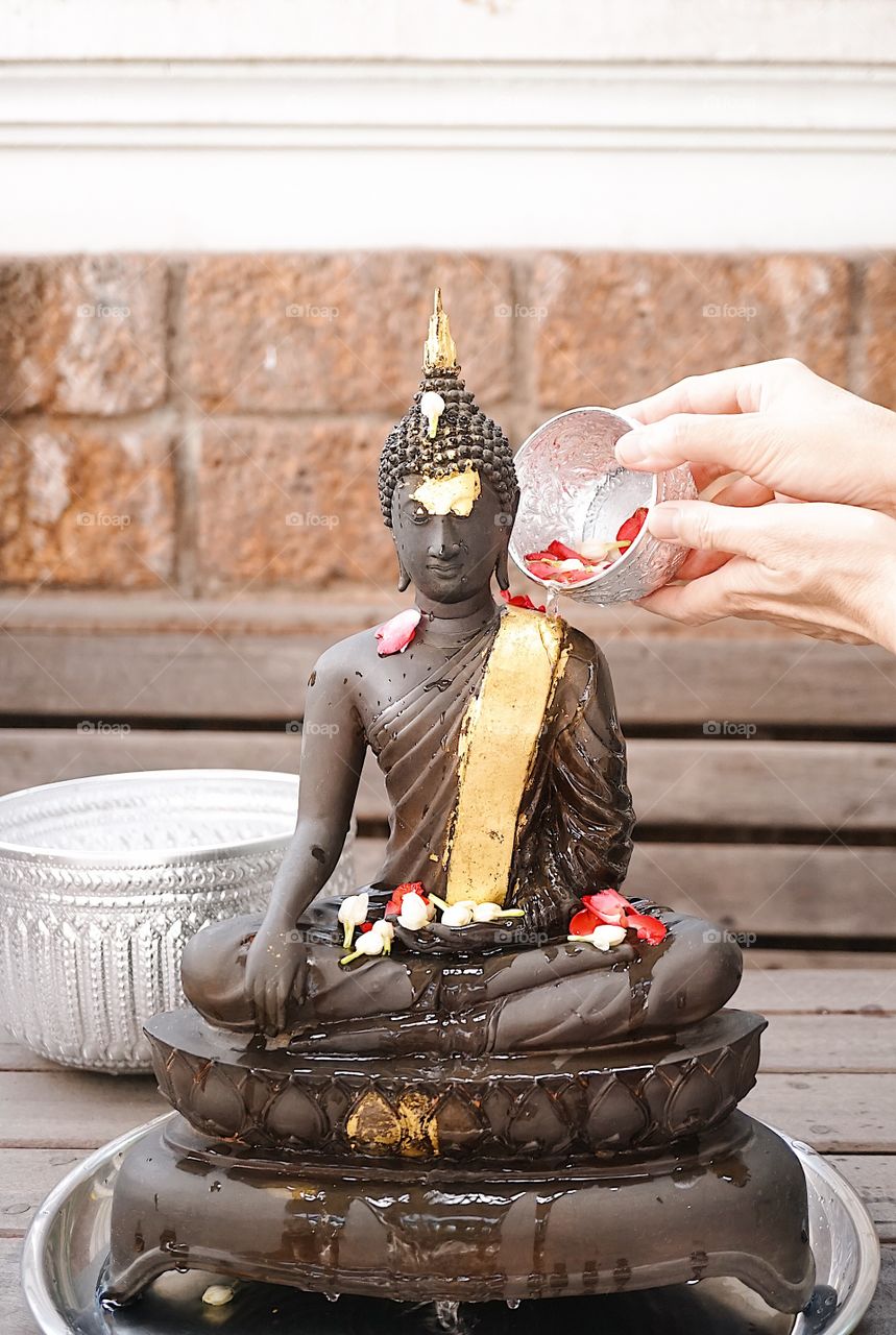 Songkran festival or Thailand New Year water festival. Hands pouring down the water with jasmine and roses petal on the buddha statue, ritual for Songkran water festival.