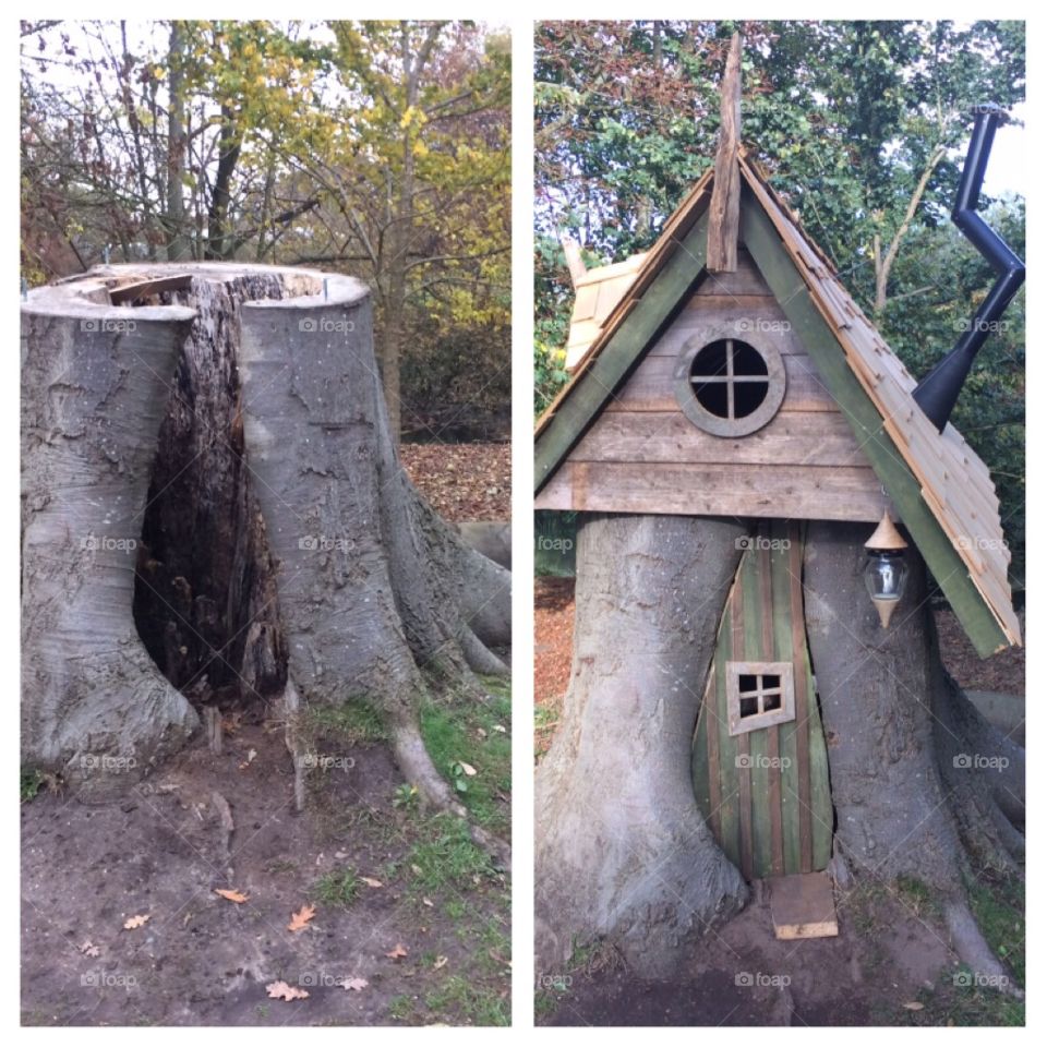 Old tree trunk transformed into a home for an elf.