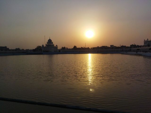 urban nature: water pond in sunset