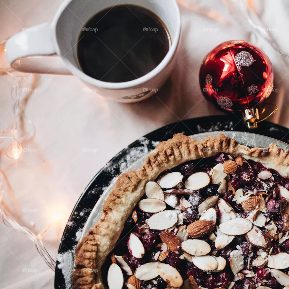 celebration / coffee and almond pie in winter / beverage / food / christmas holidays 