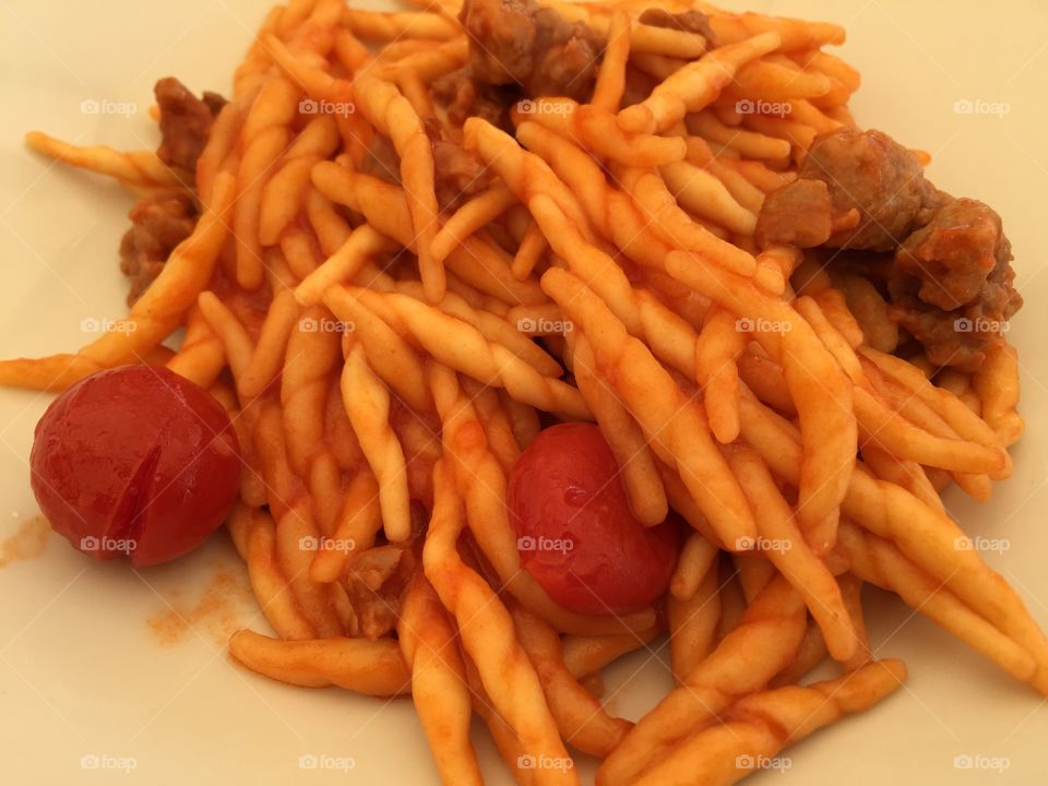 Trofie with red sauce, Puglia region dish