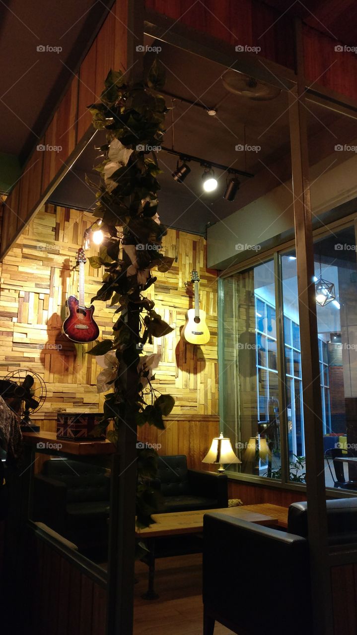Hanging guitars at The Coffee Clinic