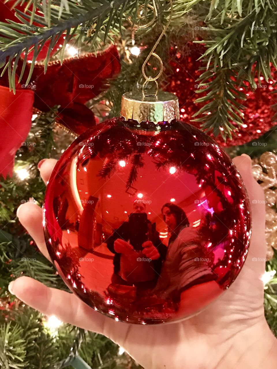 Red Color Story, red, round, reflecting, reflection, ornament, Christmas, ribbon, hand, hanging, decor, decoration, decorative, decorating