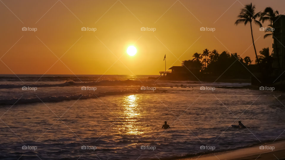 Tropical beach magic hour. Makaha beach before the sunset Hawaii Oahu island,