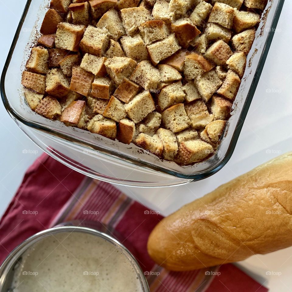 Making bread pudding, French bread uses, making bread pudding at home, French bread in bread pudding, food photography 