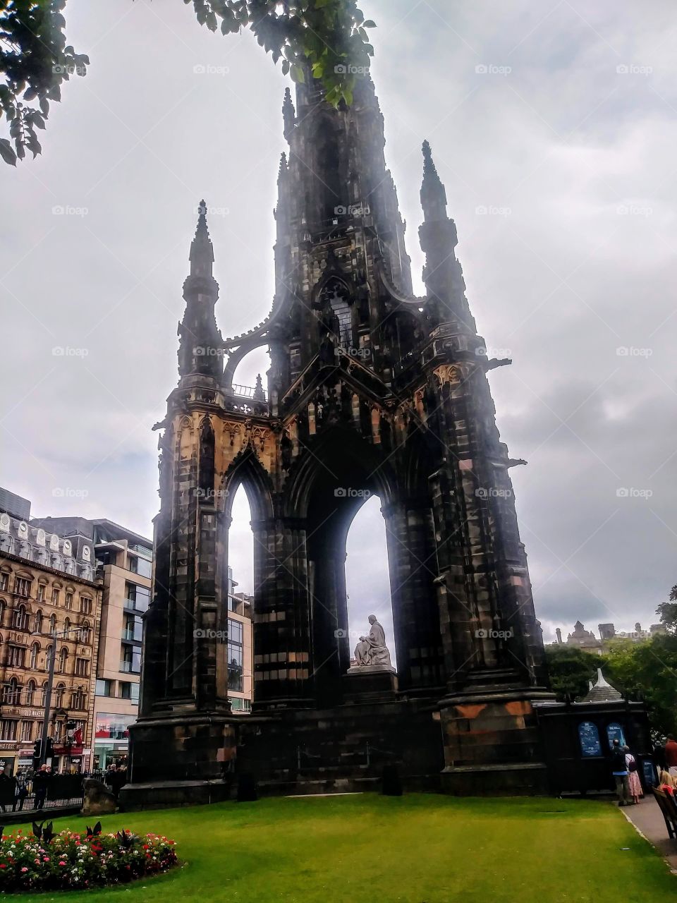 Sir Walter Scott Monument amidst gray Scottish skies.