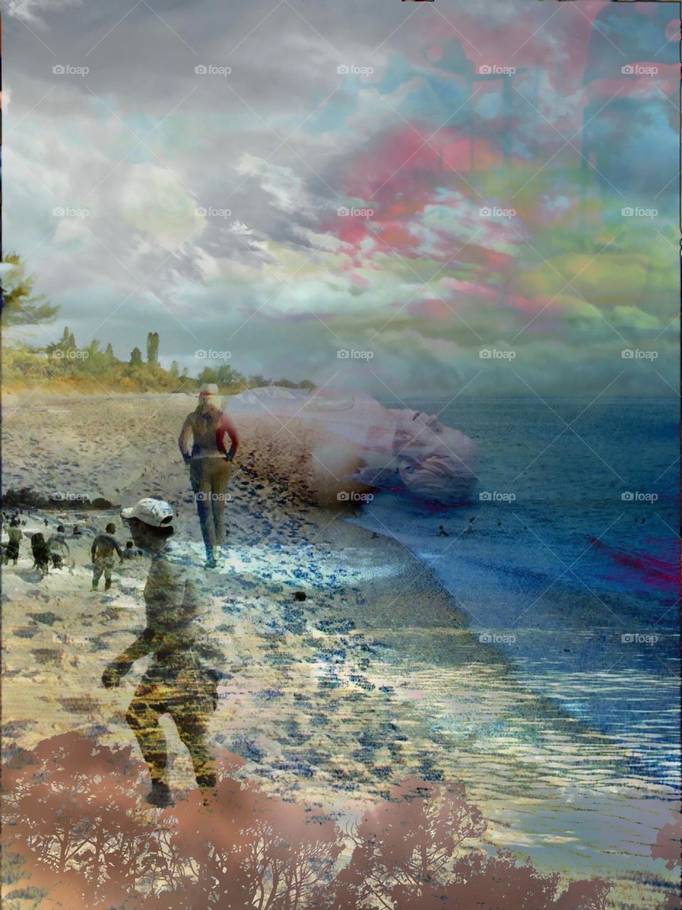 People and objects on the beach.