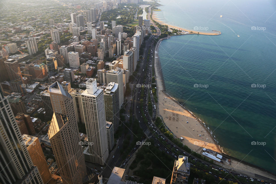 View of the Chicago skyline from high above the buildings.