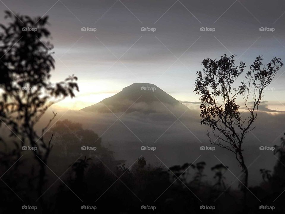 Mountain view from a forest in Dieng Indonesia. Magnificent sunrise can be viewed at many points here.