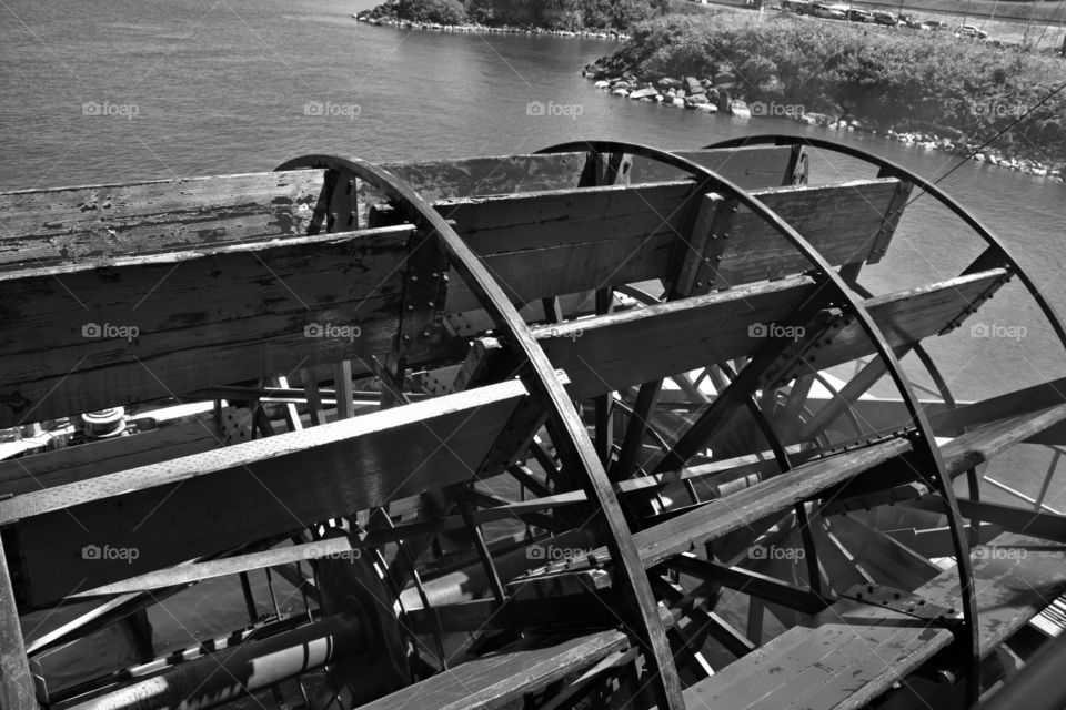 Steamboat Wheel on the Columbia River. Grayscale