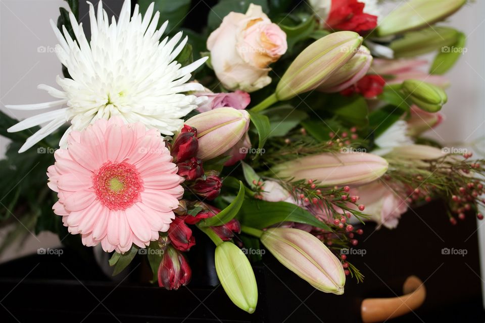 bouquet of flowers with pink lilies