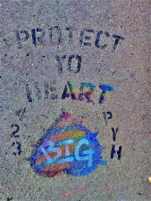Here’s a closeup of the stencil I found on the sidewalk of “Fulton St” in “Ft Greene”, Bklyn at the corner of “The Notorious BIG Christopher Wallace Way”, formerly “St James Place”. It reads “PROTECT YO HEART”. 2022. Hypnotic Productions