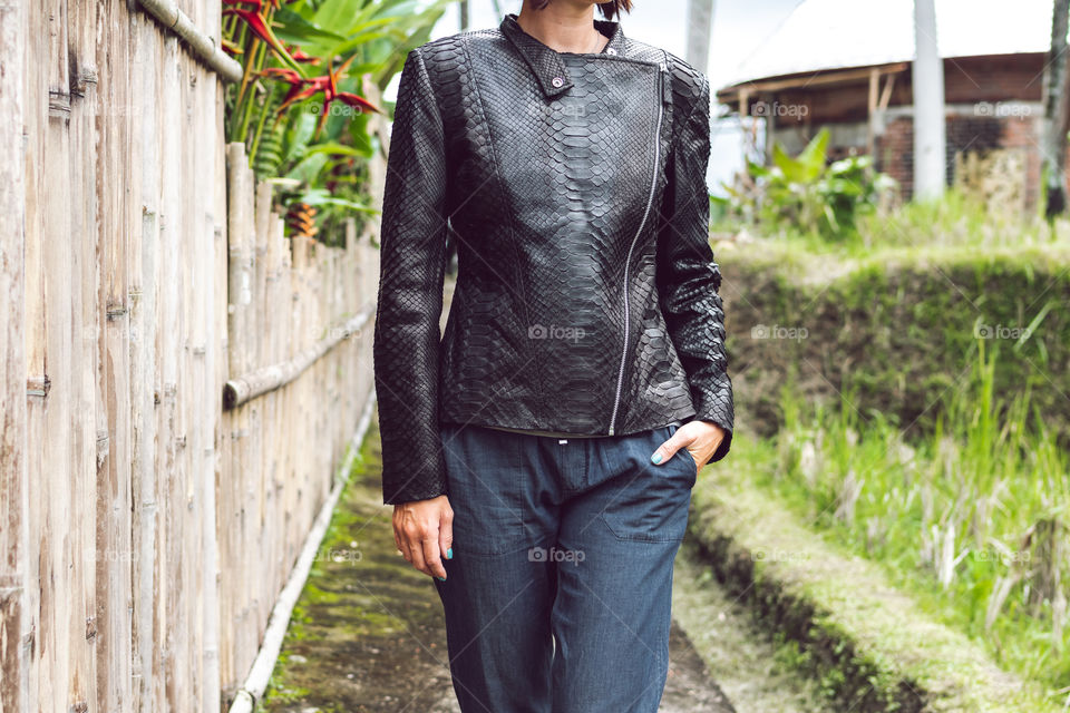 fashionable python leather jacket.