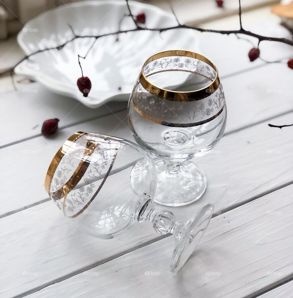 Two crystal glasses for cognac or whiskey with gilding and ornamentation