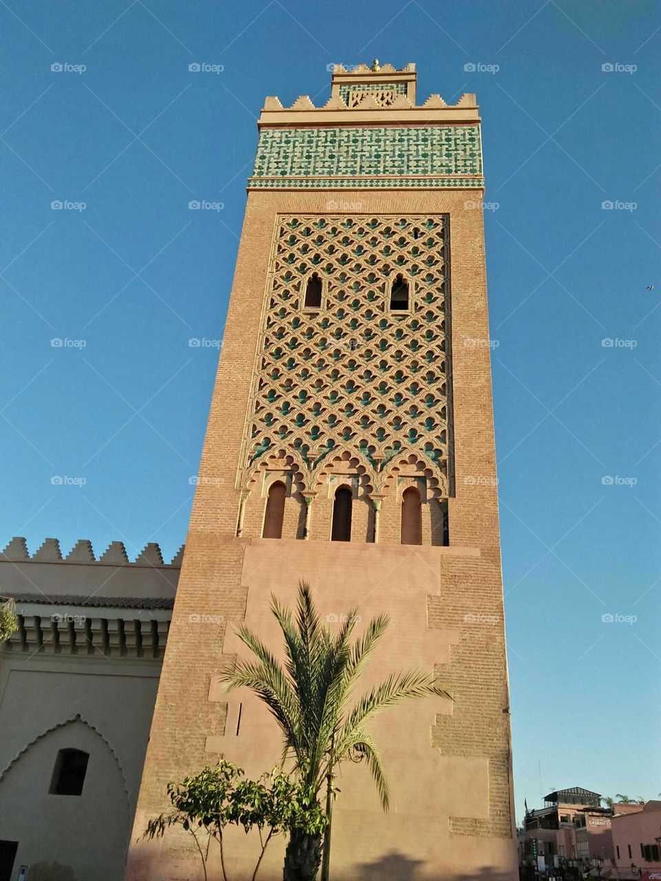 Beautiful and ancient minaret  mosque at marrakech City in Morocco