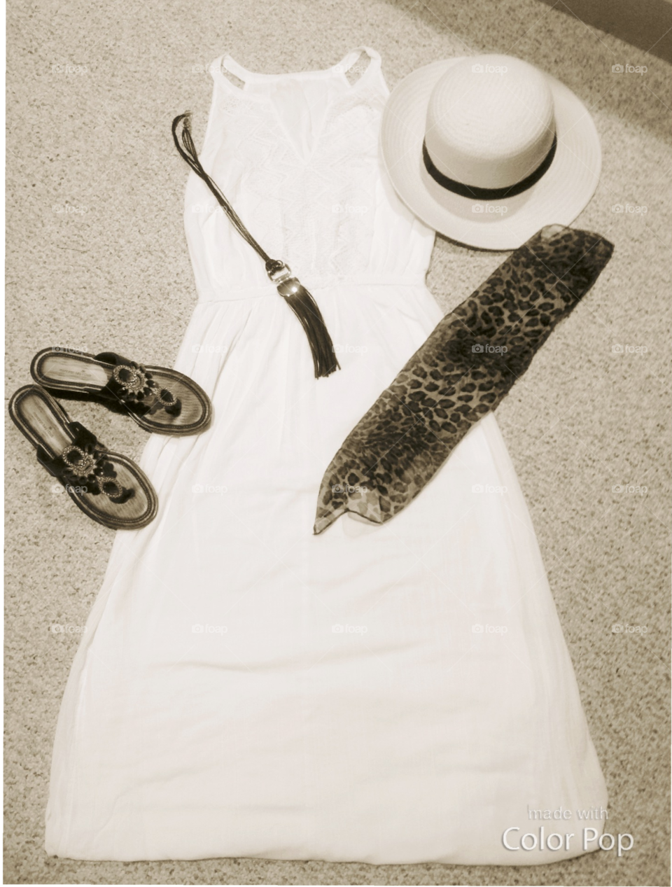 Spring and Summer dress with black sandals, hat, necklace and scarf.