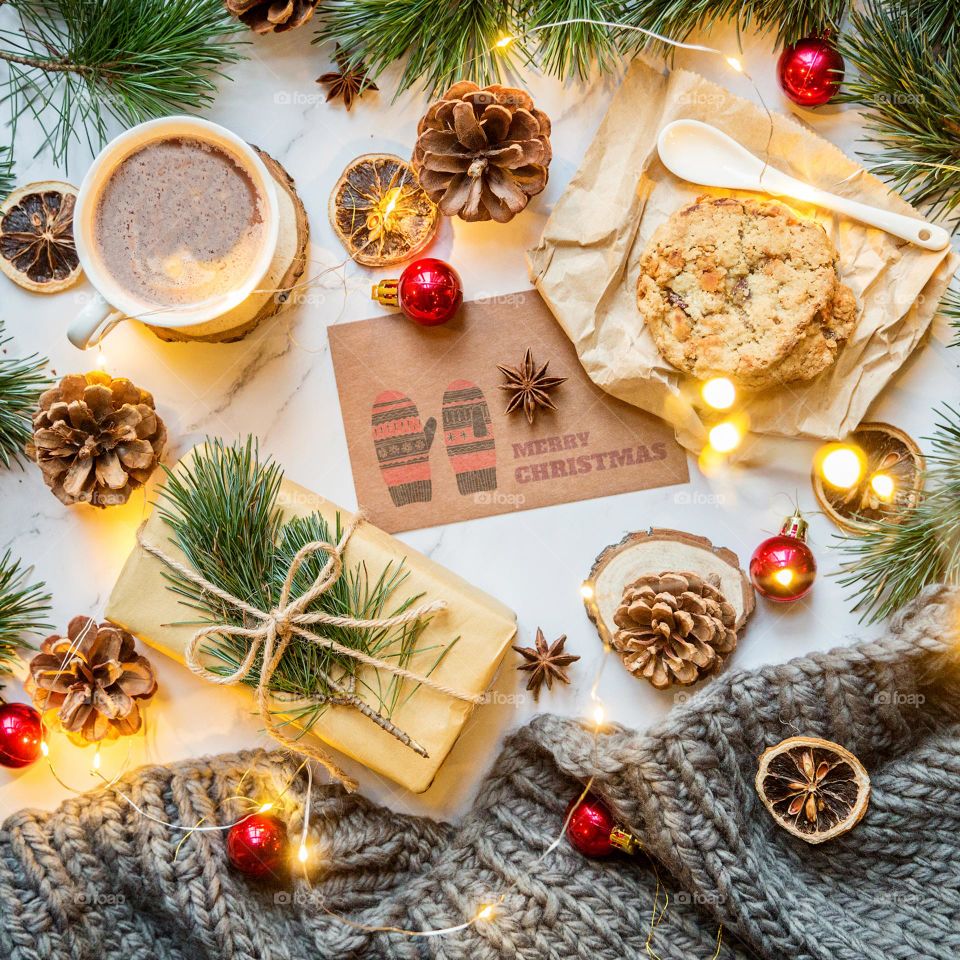 Flat lay with Christmas cookies and cup of cocoa 