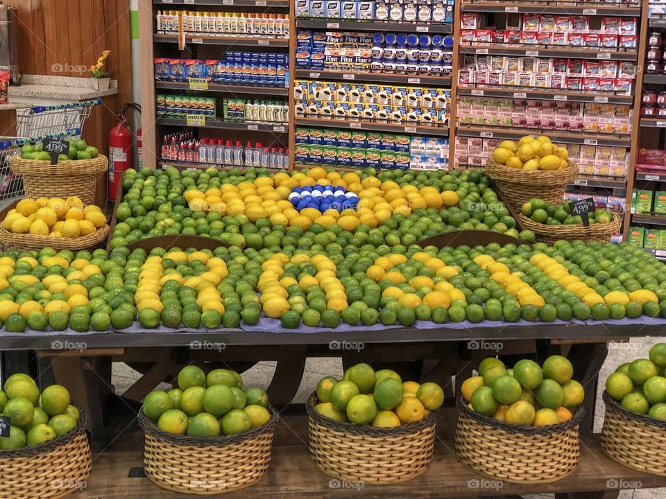 Brazil’s flag and name made of lemons and oranges in a supermarket 