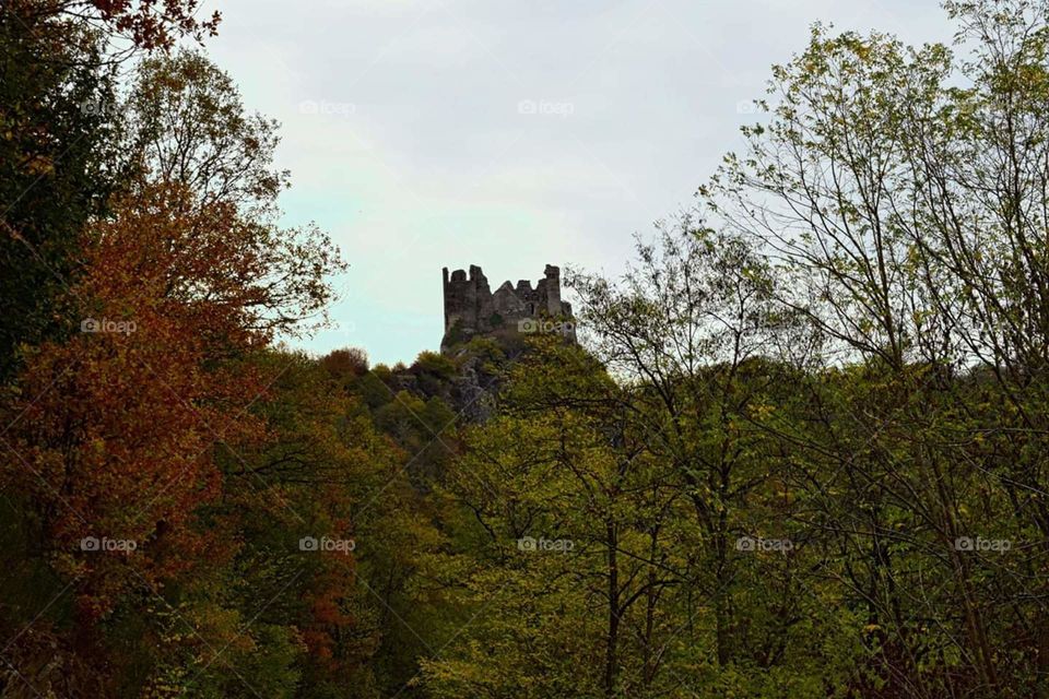 View of the castle rock in Auvergne on the banks of the river Sioule