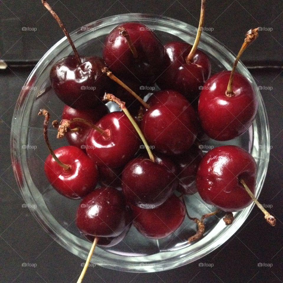 Cherries. Glass bowl of cherries