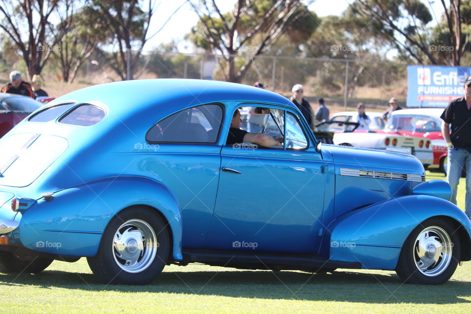 Blue classic vintage sedan car st outdoor car show Australia 