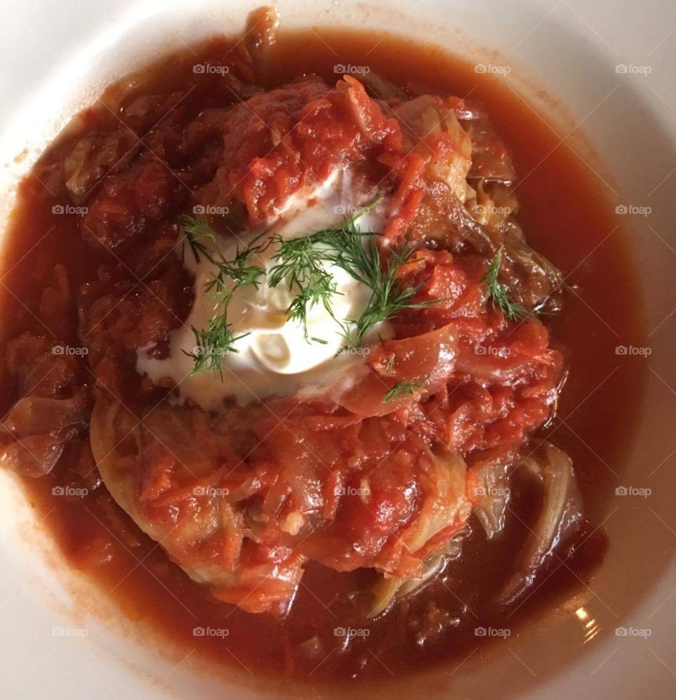 Russian food in the form of a beautiful cabbage roll dish from kachka in Portland, OR