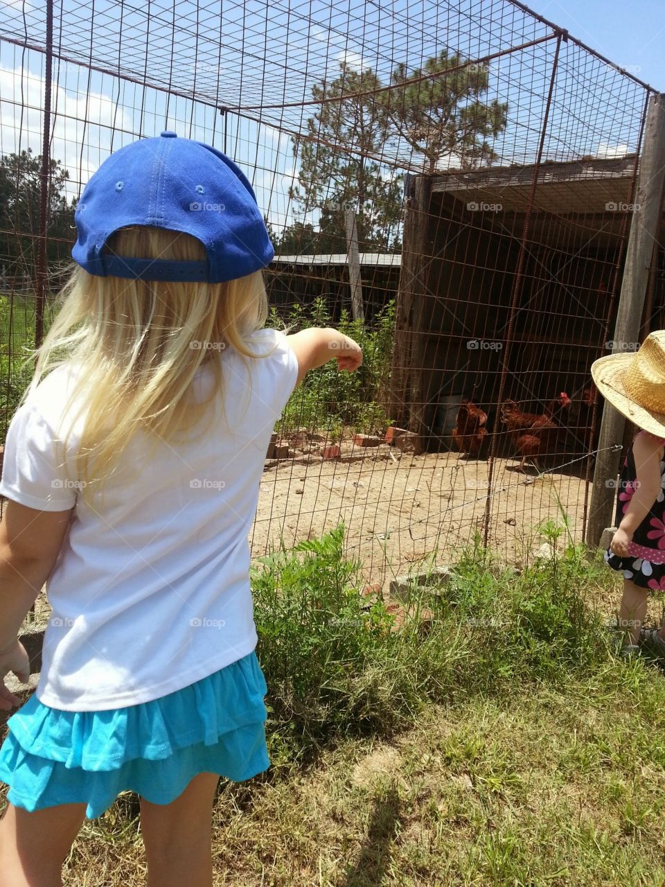 Two little girls in hats start get excited as they aporoach a chicken coupe.
