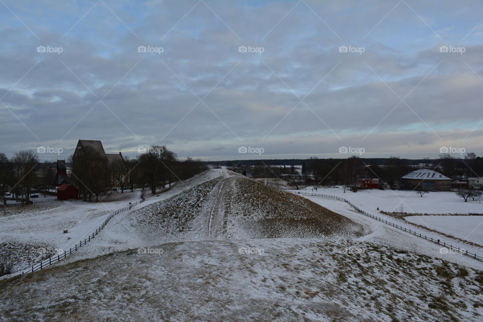 Uppsala burial mounds (Odin furthest, Freya middle, standing on Thor)