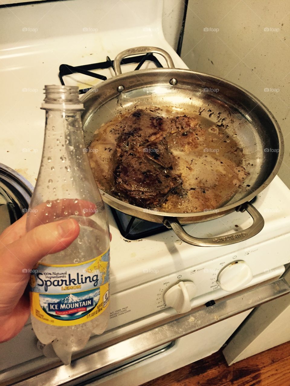 Steak and sparkling water