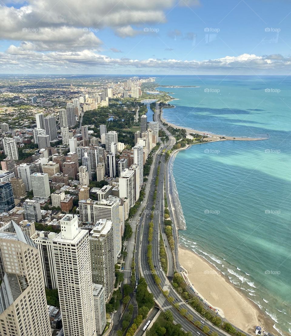 Chicago on Lake Michigan from above 