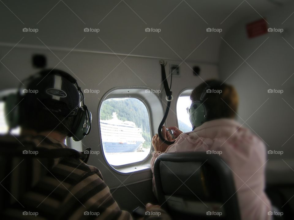 Cruise ship sight from float plane window in Alaska