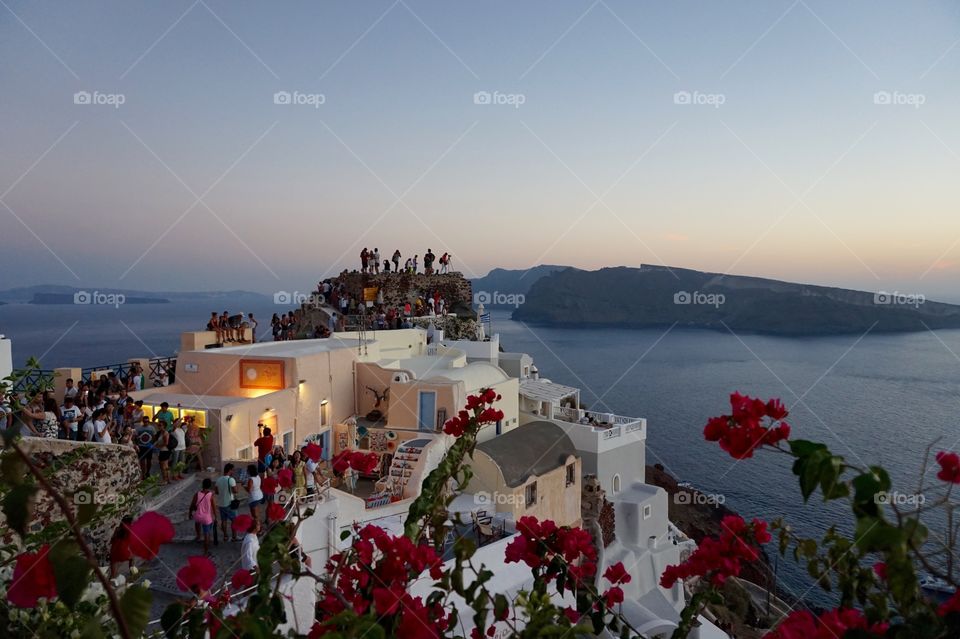 The crowd viewing the sunset in Oia, Santorini 