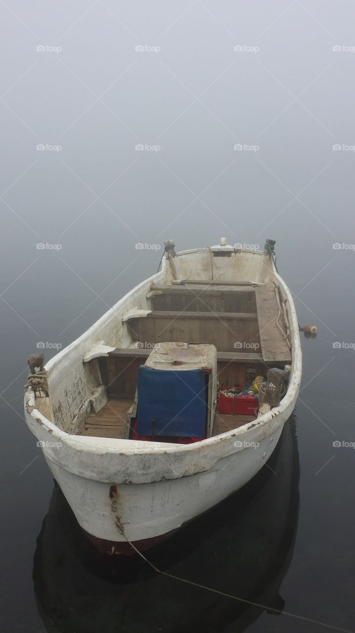 white boat in the mist