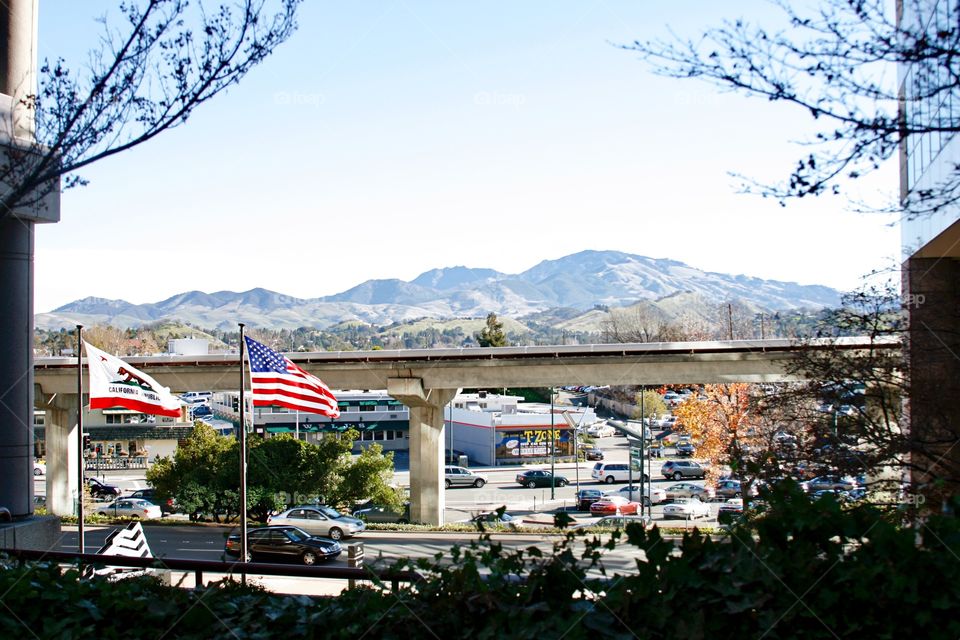 Mountain and flags