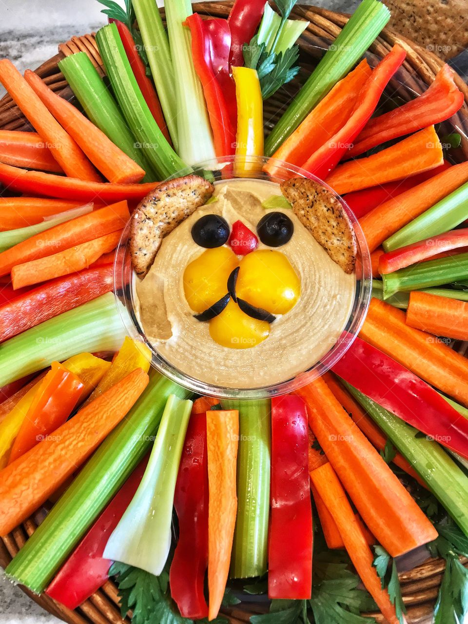 The vegan lion, selection of vegetables arranged in s tray